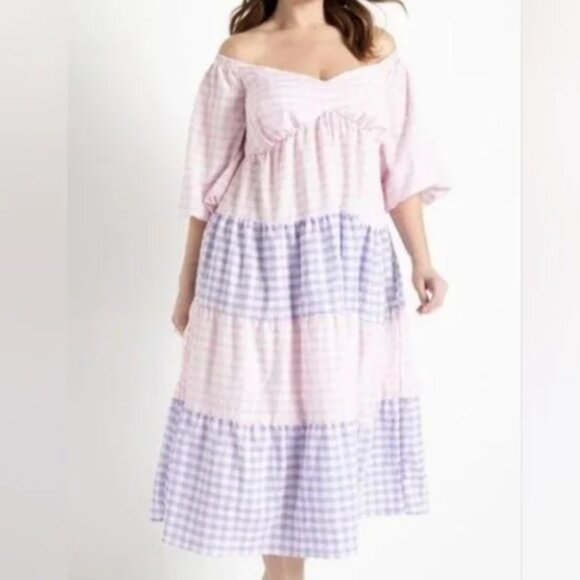 Eloquii Midi Dress Gingham Off the Shoulder Tiered Pink Purple - sz 16  NWT - Picture 1 of 8